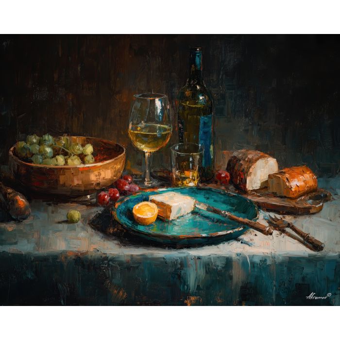 evening, plate, palette knife, oil painting, impasto, thick pigment, layered surface, scraped paint, textured strokes, expressive surface, material depth, hand painted, visual balance, atmospheric, color interaction, paint ridges, manual technique