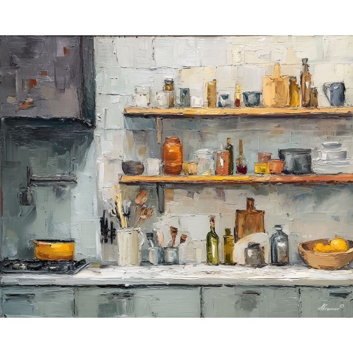 open, kitchen, palette knife, oil painting, impasto, thick pigment, layered surface, scraped paint, textured strokes, expressive surface, material depth, hand painted, visual balance, atmospheric, color interaction, paint ridges, manual technique