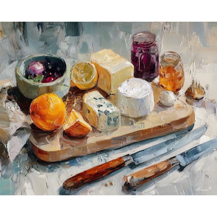 prepared, serving, palette knife, oil painting, impasto, thick pigment, layered surface, scraped paint, textured strokes, expressive surface, material depth, hand painted, visual balance, atmospheric, color interaction, paint ridges, manual technique