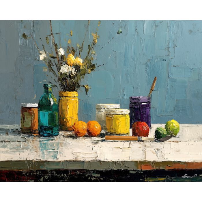 daily, seasonal, table, palette knife, oil painting, impasto, thick pigment, layered surface, scraped paint, textured strokes, expressive surface, material depth, hand painted, visual balance, atmospheric, color interaction, paint ridges, manual technique