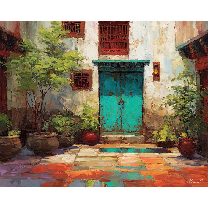 warm, courtyard, palette knife, oil painting, impasto, thick pigment, layered surface, scraped paint, textured strokes, expressive surface, material depth, hand painted, visual balance, atmospheric, color interaction, paint ridges, manual technique