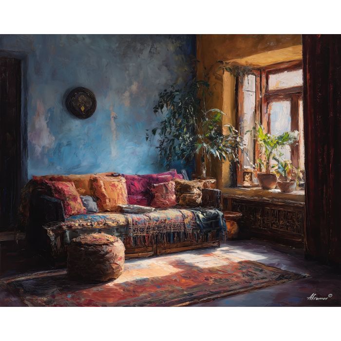 still, room, palette knife, oil painting, impasto, thick pigment, layered surface, scraped paint, textured strokes, expressive surface, material depth, hand painted, visual balance, atmospheric, color interaction, paint ridges, manual technique