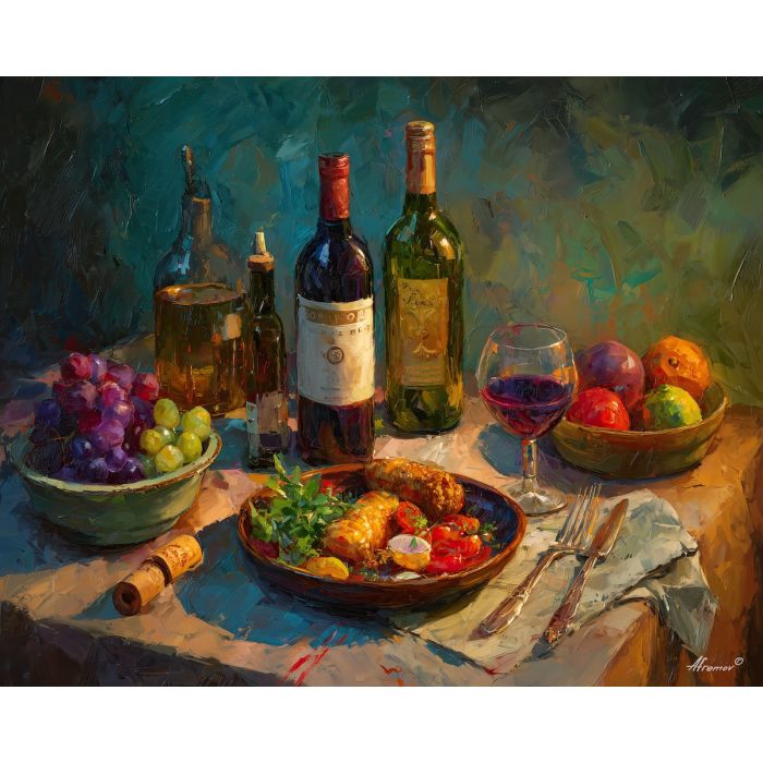 evening, prepared, meal, palette knife, oil painting, impasto, thick pigment, layered surface, scraped paint, textured strokes, expressive surface, material depth, hand painted, visual balance, atmospheric, color interaction, paint ridges, manual technique