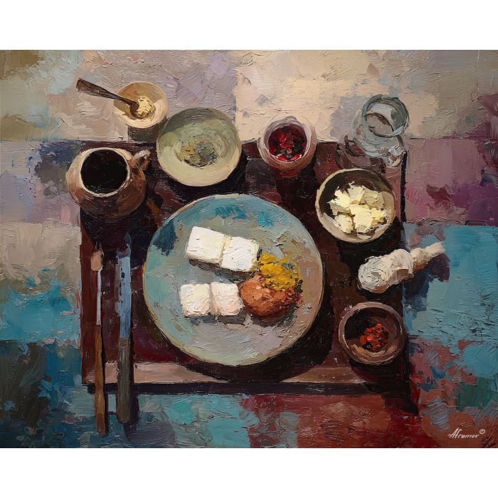 warm, plate, palette knife, oil painting, impasto, thick pigment, layered surface, scraped paint, textured strokes, expressive surface, material depth, hand painted, visual balance, atmospheric, color interaction, paint ridges, manual technique