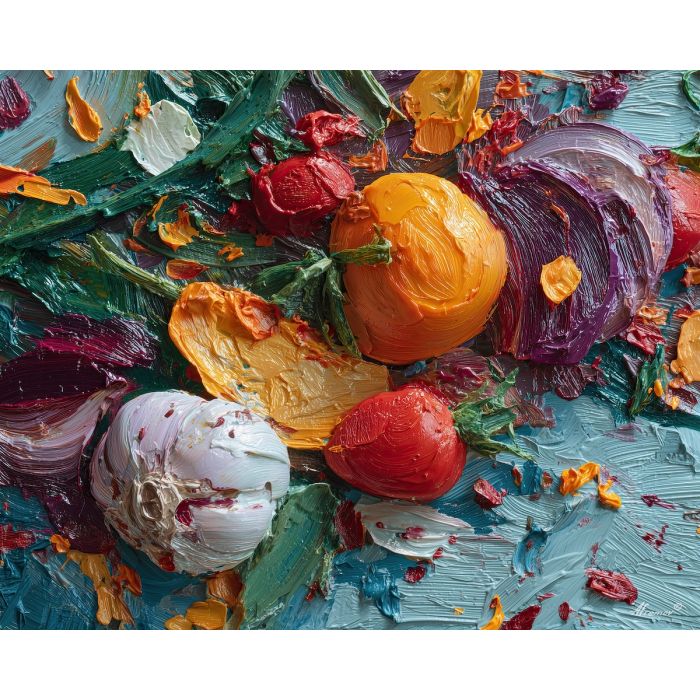 seasonal, dish, palette knife, oil painting, impasto, thick pigment, layered surface, scraped paint, textured strokes, expressive surface, material depth, hand painted, visual balance, atmospheric, color interaction, paint ridges, manual technique