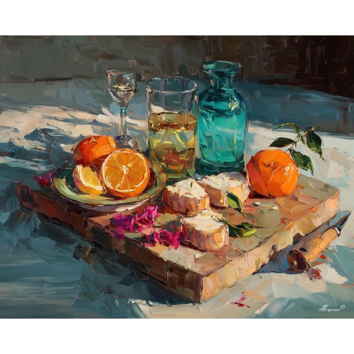fresh, table, palette knife, oil painting, impasto, thick pigment, layered surface, scraped paint, textured strokes, expressive surface, material depth, hand painted, visual balance, atmospheric, color interaction, paint ridges, manual technique
