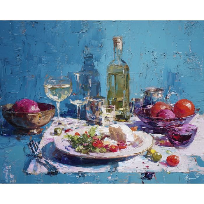 gathered, meal, palette knife, oil painting, impasto, thick pigment, layered surface, scraped paint, textured strokes, expressive surface, material depth, hand painted, visual balance, atmospheric, color interaction, paint ridges, manual technique