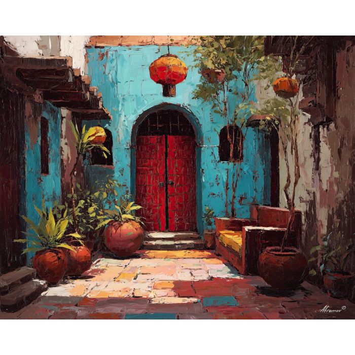 interior, courtyard, palette knife, oil painting, impasto, thick pigment, layered surface, scraped paint, textured strokes, expressive surface, material depth, hand painted, visual balance, atmospheric, color interaction, paint ridges, manual technique