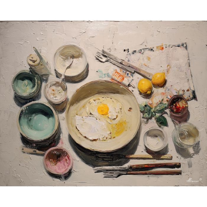 prepared, dish, palette knife, oil painting, impasto, thick pigment, layered surface, scraped paint, textured strokes, expressive surface, material depth, hand painted, visual balance, atmospheric, color interaction, paint ridges, manual technique