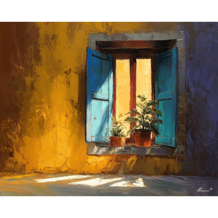 warm, window, palette knife, oil painting, impasto, thick pigment, layered surface, scraped paint, textured strokes, expressive surface, material depth, hand painted, visual balance, atmospheric, color interaction, paint ridges, manual technique