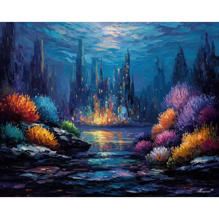 coral guardians,underwater city,fantasy sea,oil painting,afremov style