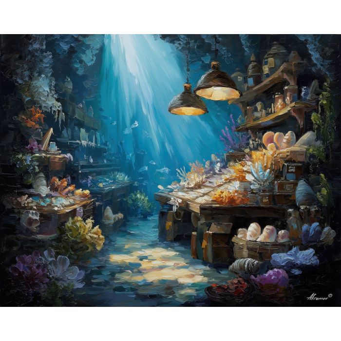 underwater market,magical sea beings,oil painting,afremov style