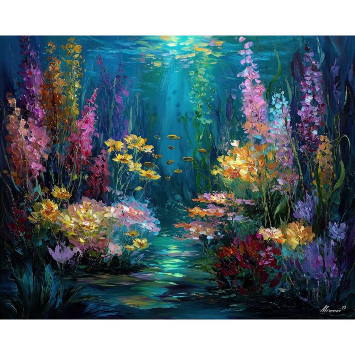 underwater garden,glowing pearls,magical sea plants,oil painting,afremov style