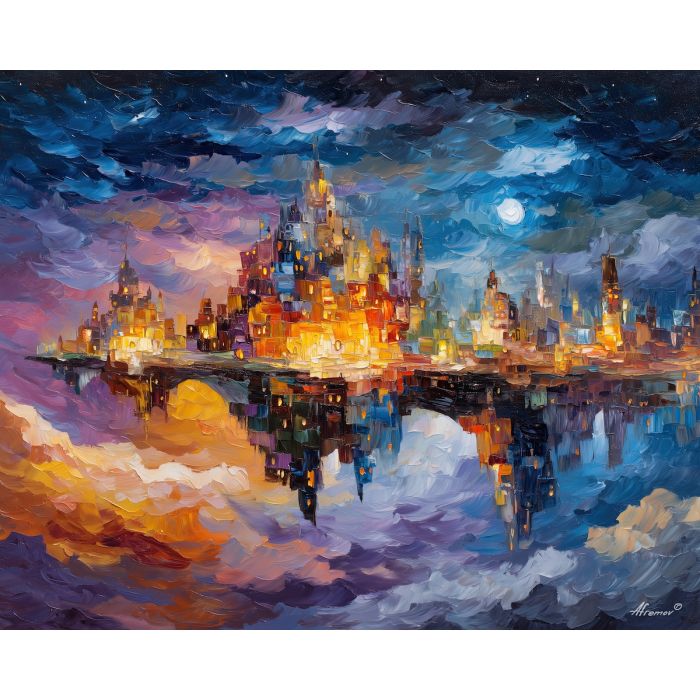 air city,floating architecture,cloud bridges,oil painting,afremov style
