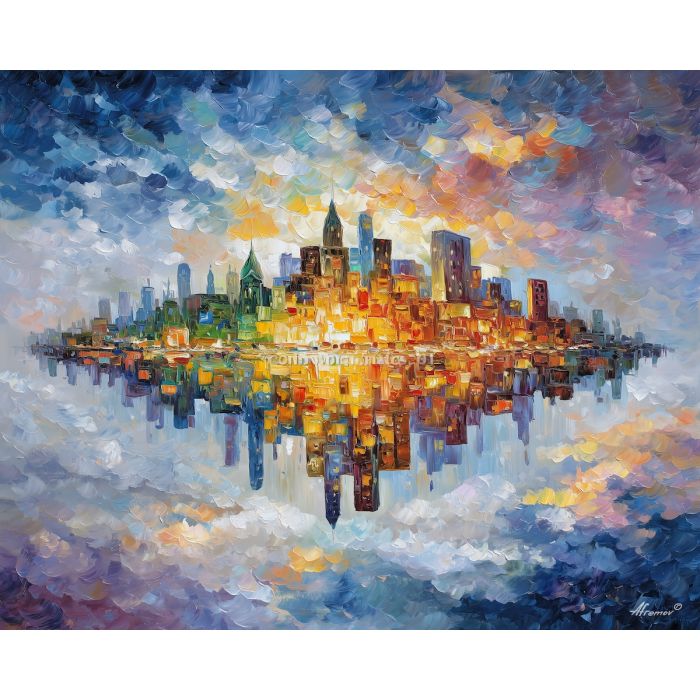 floating fantasy city,endless sky,oil painting,afremov style