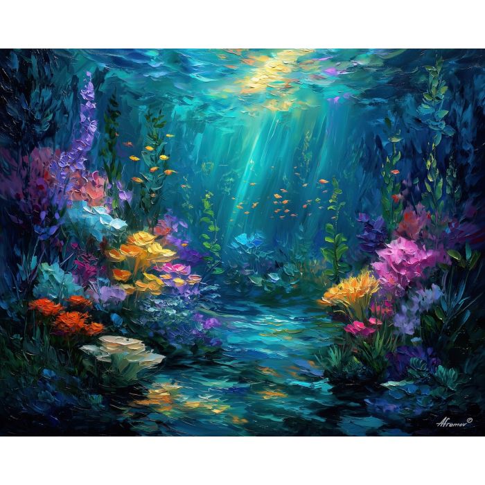 underwater gardens,aurora light,oil painting,afremov style