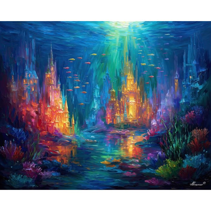 magical underwater,glowing coral,fantasy sea city,oil painting,afremov style