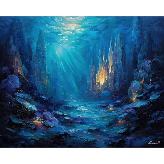 water city,underwater architecture,elemental ocean city,oil painting,afremov style