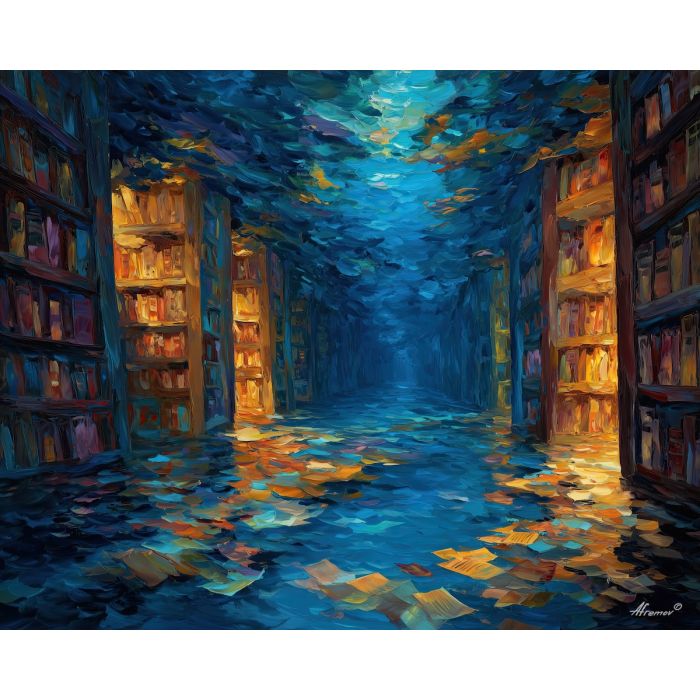 underwater library,magical knowledge,oil painting,afremov style