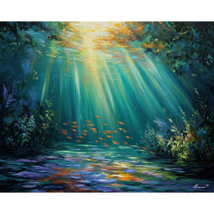 sunlit lagoon,magical fish,oil painting,afremov style