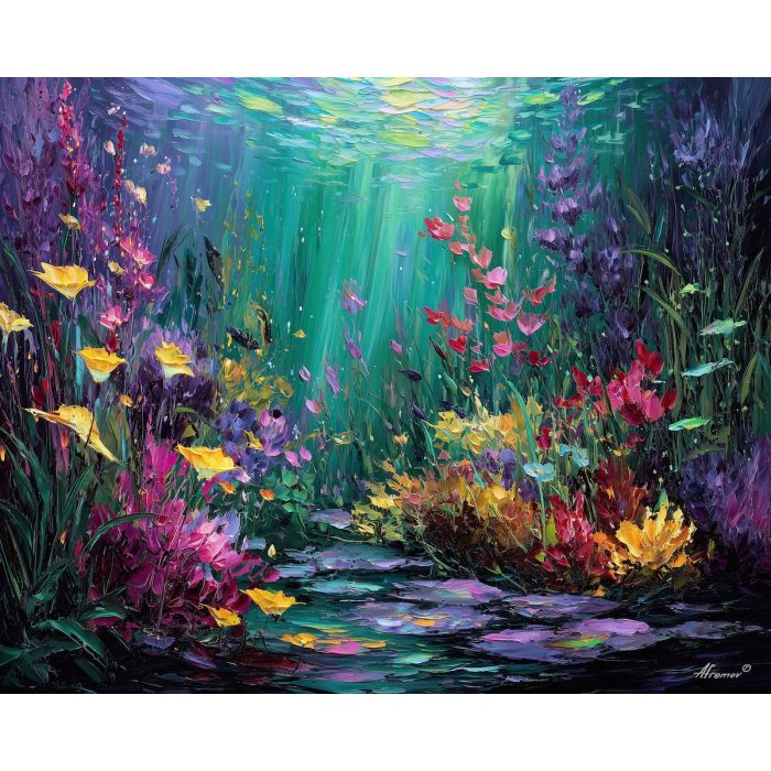 underwater garden,magical beings,oil painting,afremov style