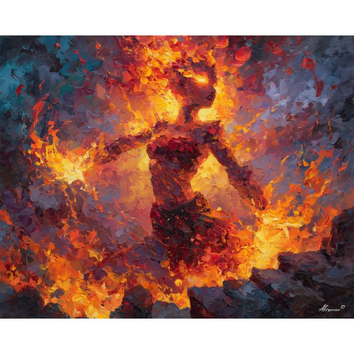 fire elemental,ember guardian,magical being,oil painting,afremov style
