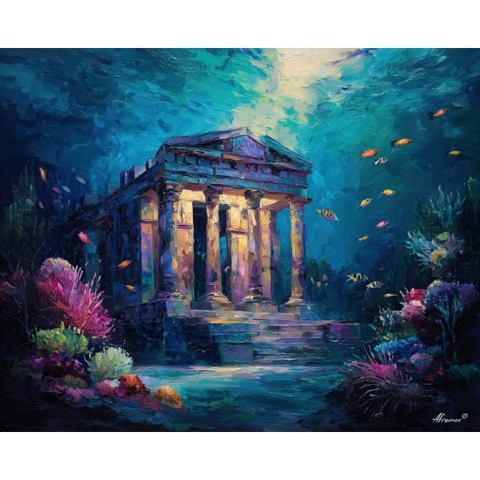 underwater temple,fantasy ruins,oil painting,afremov style