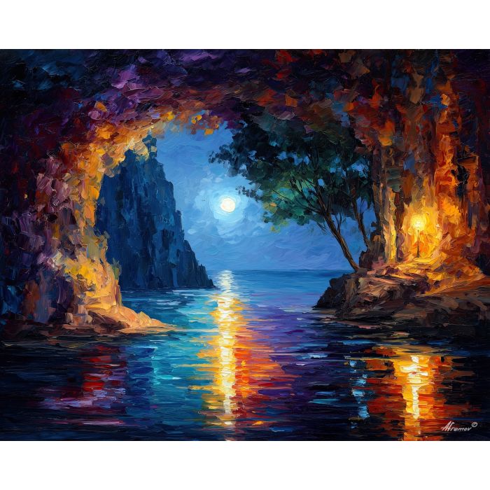 underwater grotto,moonlit sea,oil painting,afremov style