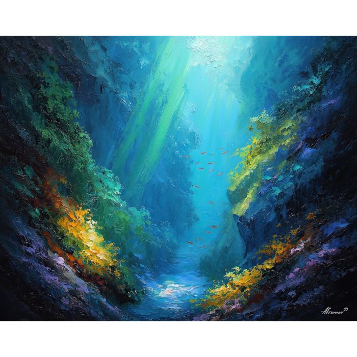 glowing eels,underwater canyon,oil painting,afremov style