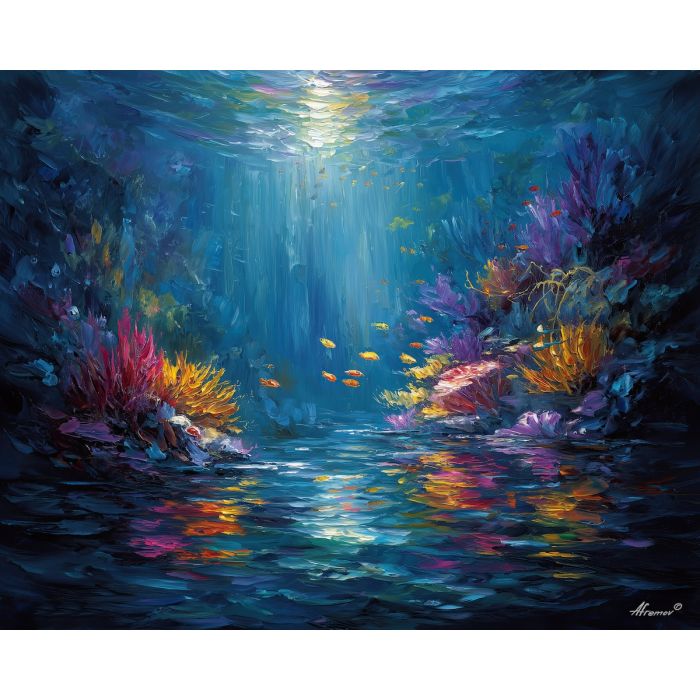 cold underwater fantasy,glowing sea life,oil painting,afremov style