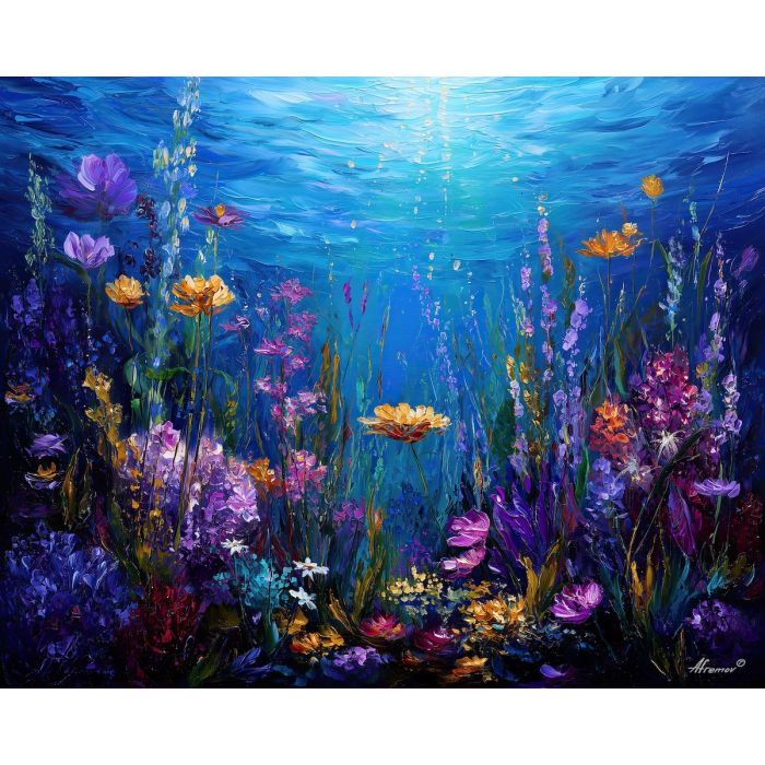 sea flowers,magical underwater meadow,oil painting,afremov style