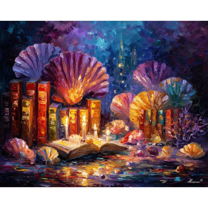 underwater library,magical shells,oil painting,afremov style
