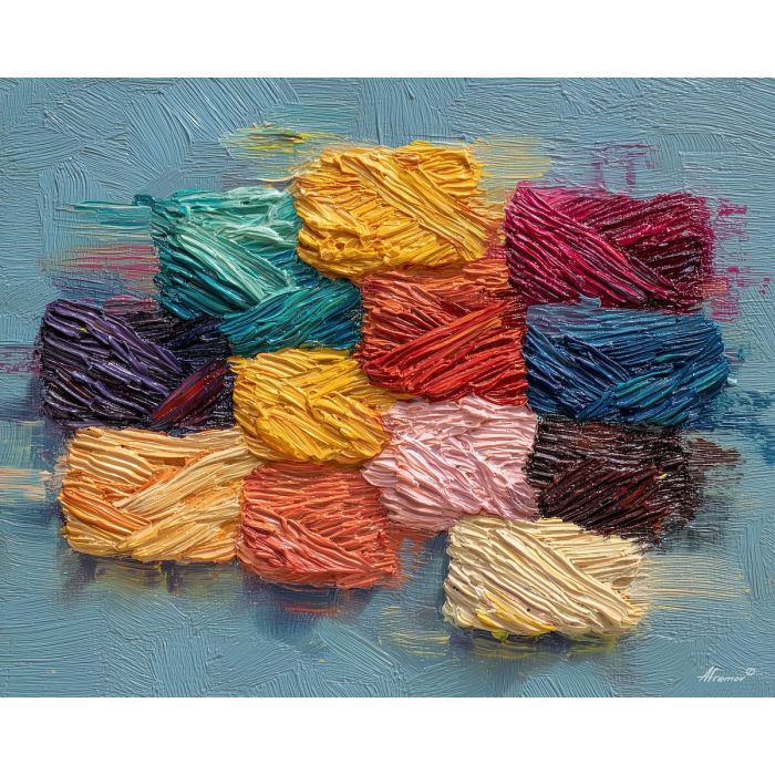 knotted, threaded, texture, palette knife, oil painting, impasto, thick pigment, layered surface, scraped paint, textured strokes, expressive surface, material depth, hand painted, visual balance, atmospheric, color interaction, paint ridges, manual technique