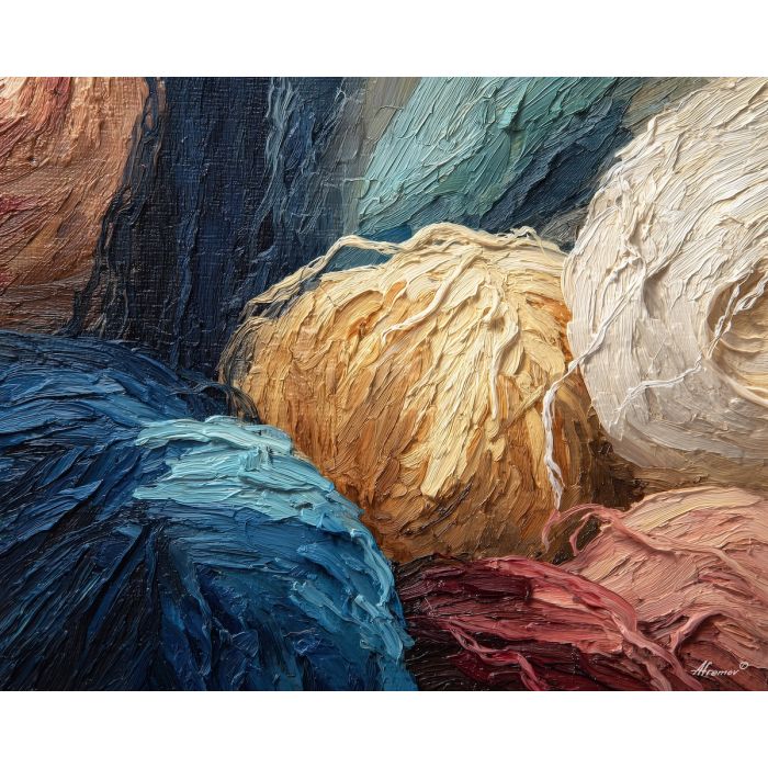 tactile, fiber, palette knife, oil painting, impasto, thick pigment, layered surface, scraped paint, textured strokes, expressive surface, material depth, hand painted, visual balance, atmospheric, color interaction, paint ridges, manual technique