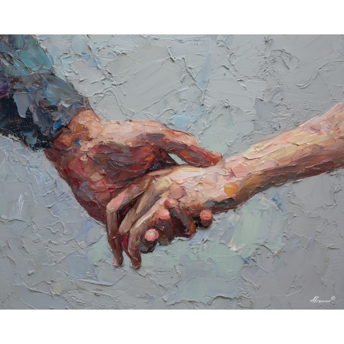 shared, held, touch, palette knife, oil painting, impasto, thick pigment, layered surface, scraped paint, textured strokes, expressive surface, material depth, hand painted, visual balance, atmospheric, color interaction, paint ridges, manual technique