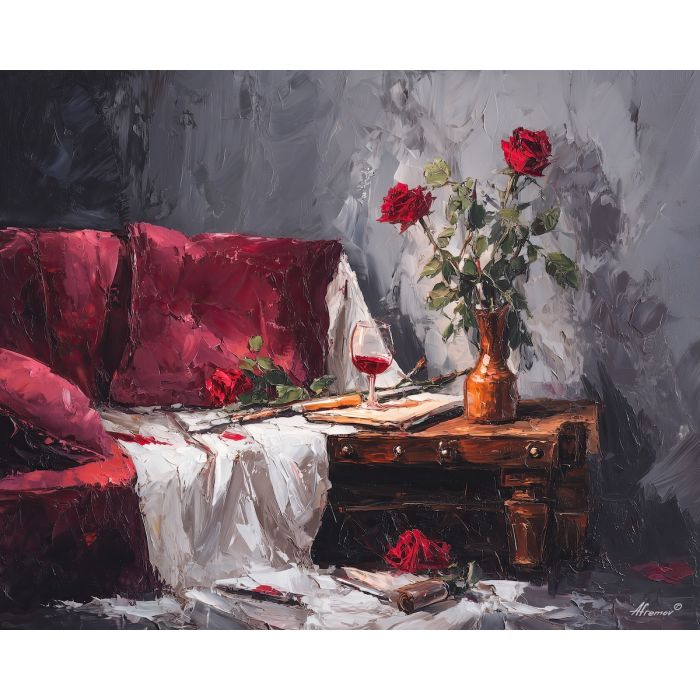 intimate, still, space, palette knife, oil painting, impasto, thick pigment, layered surface, scraped paint, textured strokes, expressive surface, material depth, hand painted, visual balance, atmospheric, color interaction, paint ridges, manual technique