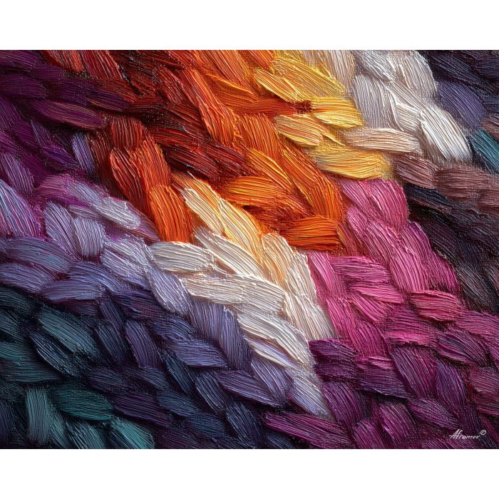 tactile, interlaced, texture, palette knife, oil painting, impasto, thick pigment, layered surface, scraped paint, textured strokes, expressive surface, material depth, hand painted, visual balance, atmospheric, color interaction, paint ridges, manual technique