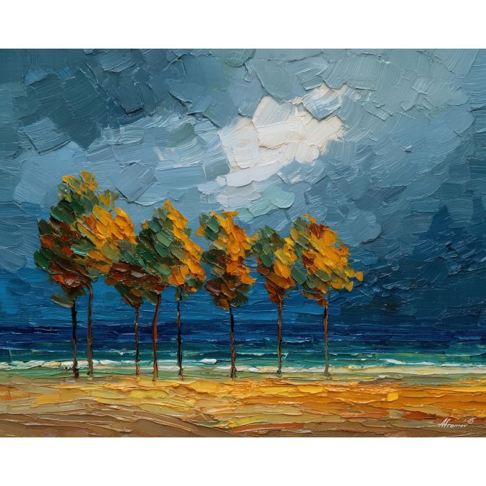 tactile, strand, palette knife, oil painting, impasto, thick pigment, layered surface, scraped paint, textured strokes, expressive surface, material depth, hand painted, visual balance, atmospheric, color interaction, paint ridges, manual technique