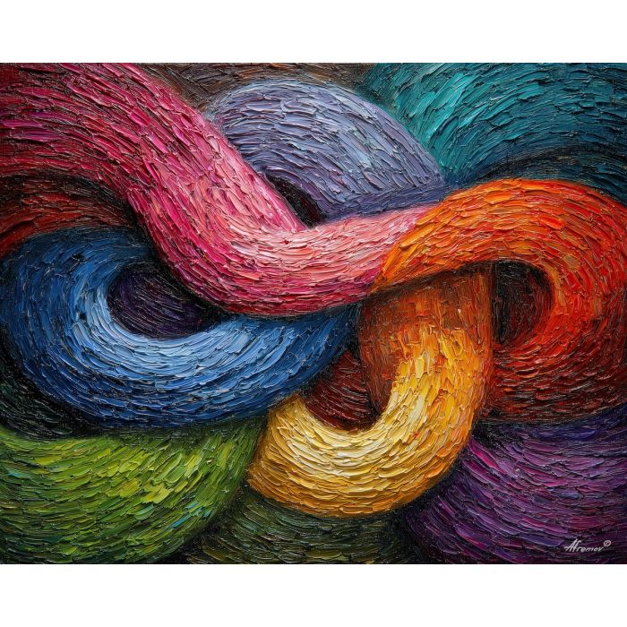 interlaced, tactile, thread, palette knife, oil painting, impasto, thick pigment, layered surface, scraped paint, textured strokes, expressive surface, material depth, hand painted, visual balance, atmospheric, color interaction, paint ridges, manual technique