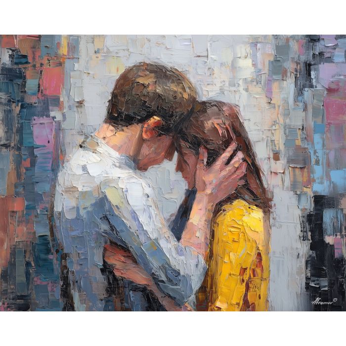 close, shared, gesture, palette knife, oil painting, impasto, thick pigment, layered surface, scraped paint, textured strokes, expressive surface, material depth, hand painted, visual balance, atmospheric, color interaction, paint ridges, manual technique