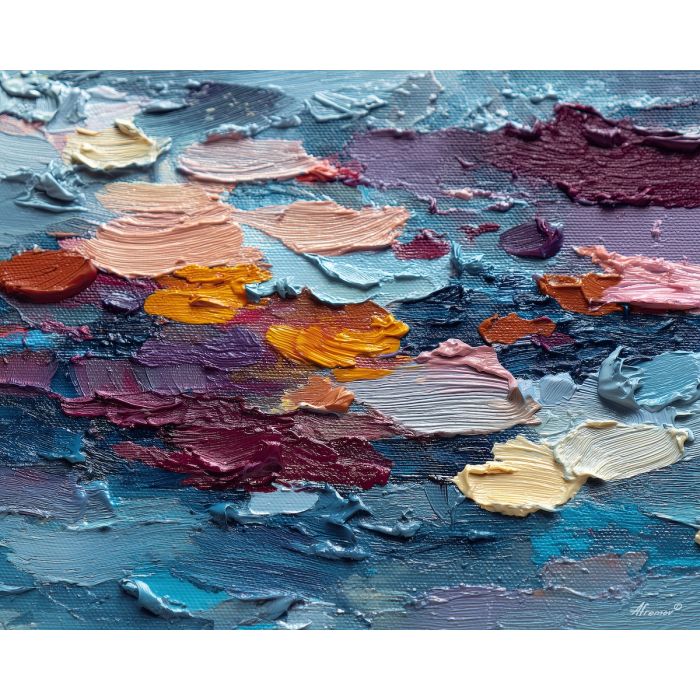 layered, strand, palette knife, oil painting, impasto, thick pigment, layered surface, scraped paint, textured strokes, expressive surface, material depth, hand painted, visual balance, atmospheric, color interaction, paint ridges, manual technique
