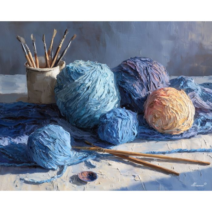 threaded, strand, palette knife, oil painting, impasto, thick pigment, layered surface, scraped paint, textured strokes, expressive surface, material depth, hand painted, visual balance, atmospheric, color interaction, paint ridges, manual technique