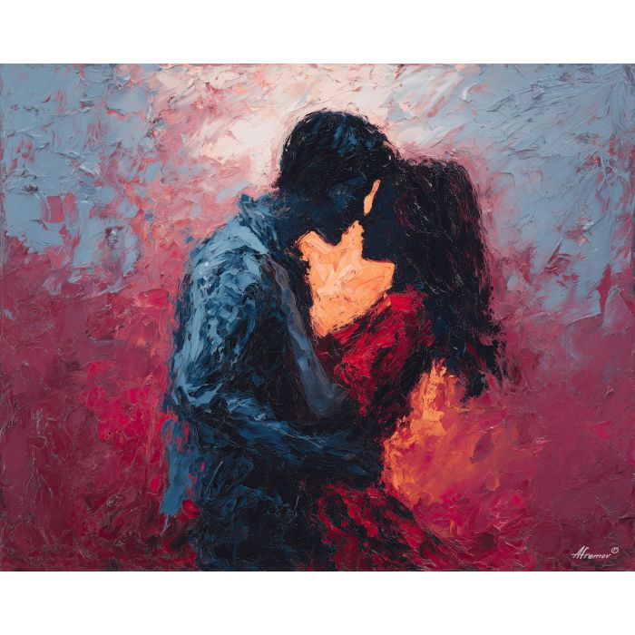 intimate, bond, palette knife, oil painting, impasto, thick pigment, layered surface, scraped paint, textured strokes, expressive surface, material depth, hand painted, visual balance, atmospheric, color interaction, paint ridges, manual technique