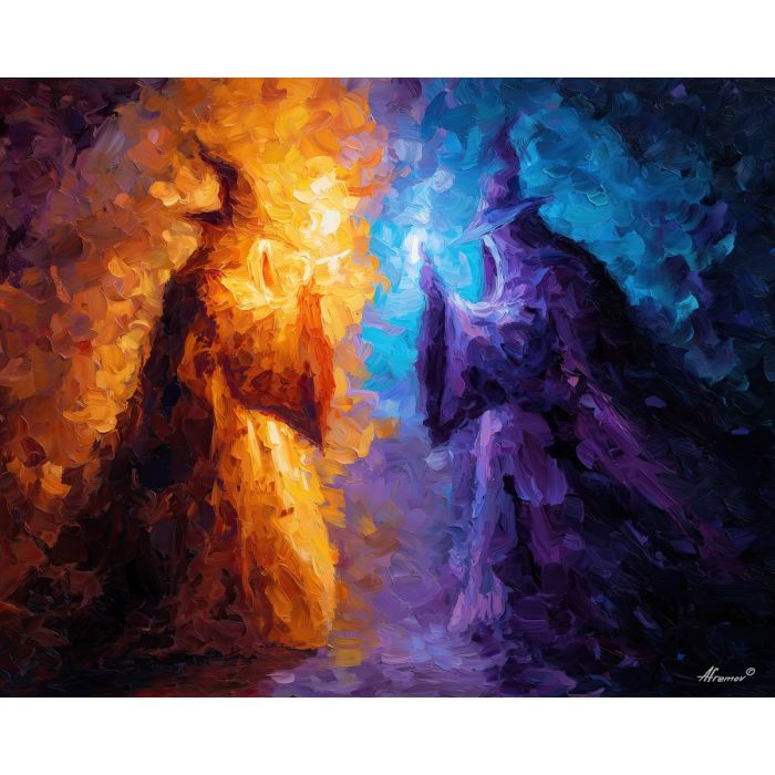 dual sorcerers,light dark magic,fantasy figures,oil painting,afremov style