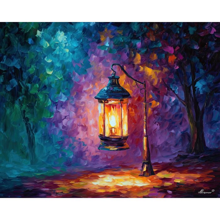 magic lantern,minimal light,oil painting,afremov style