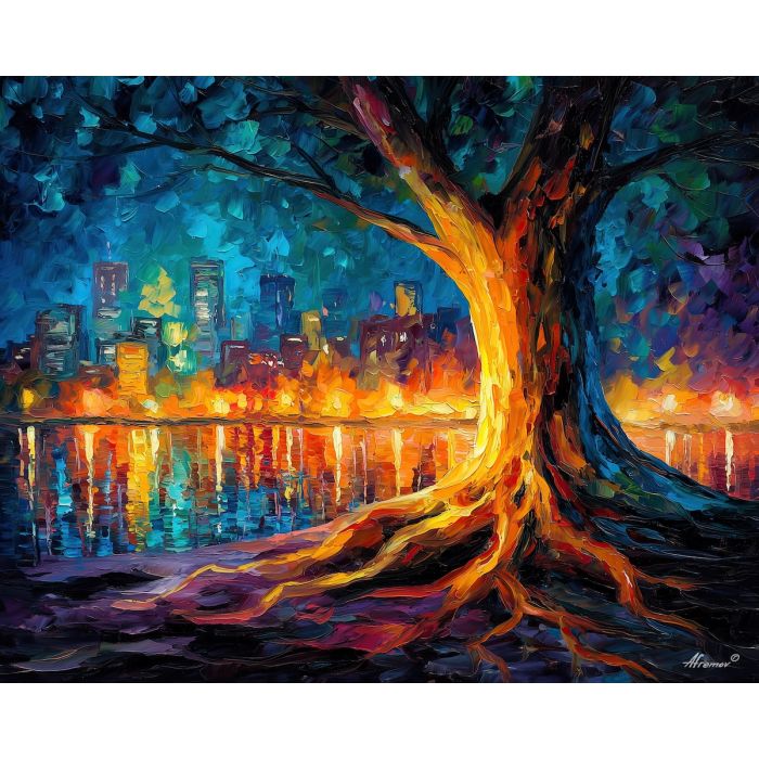 fire earth city,living roots,oil painting,afremov style