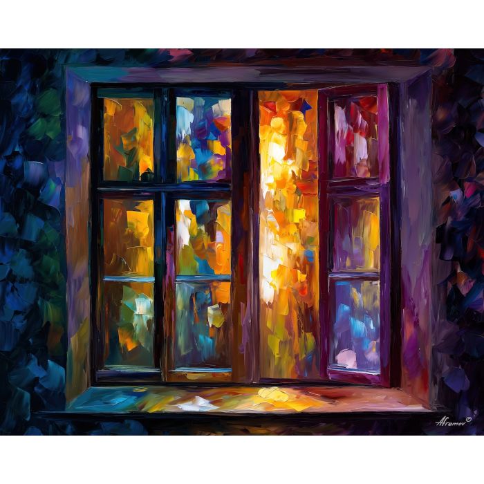 magic light window,minimal interior,oil painting,afremov style