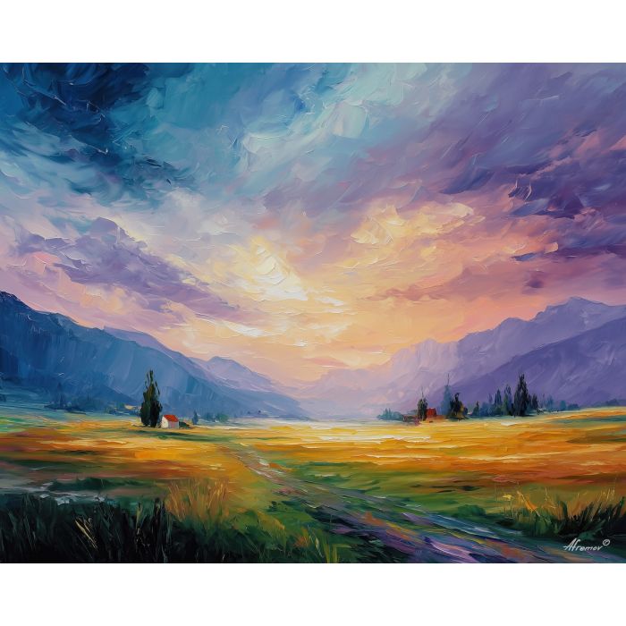 minimal magic,quiet meadow,soft glow,fantasy calm,oil painting,afremov style