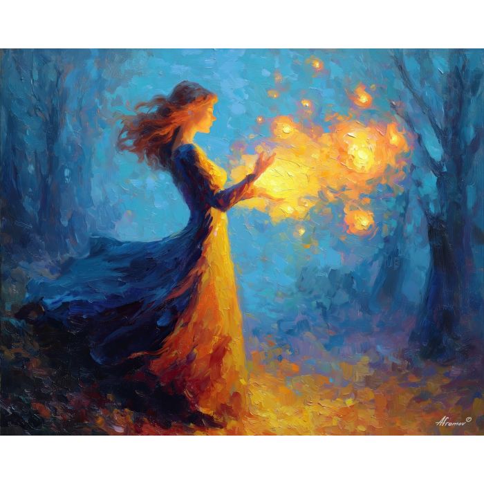 light spellcaster,dawn magic,oil painting,afremov style