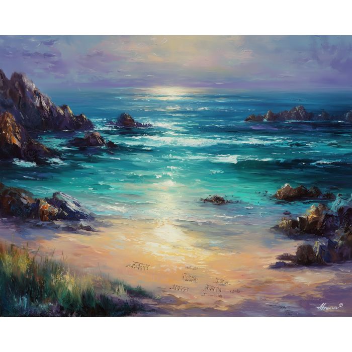 magic runes shore,minimal beach,oil painting,afremov style